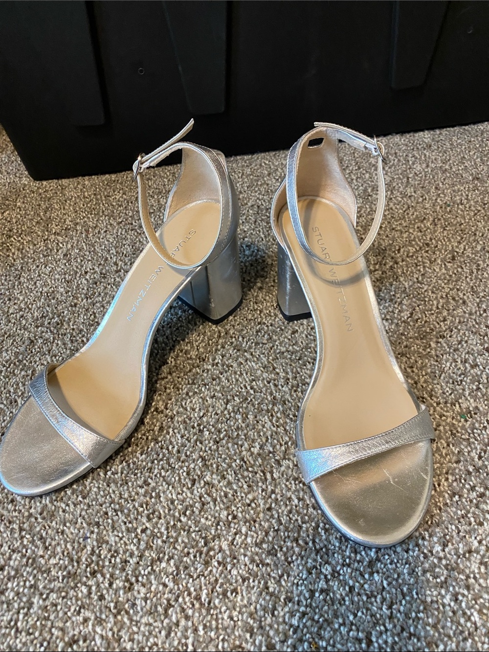Stuart Weitzman Metallic Silver Block Heel Ankle-Strap Sandals